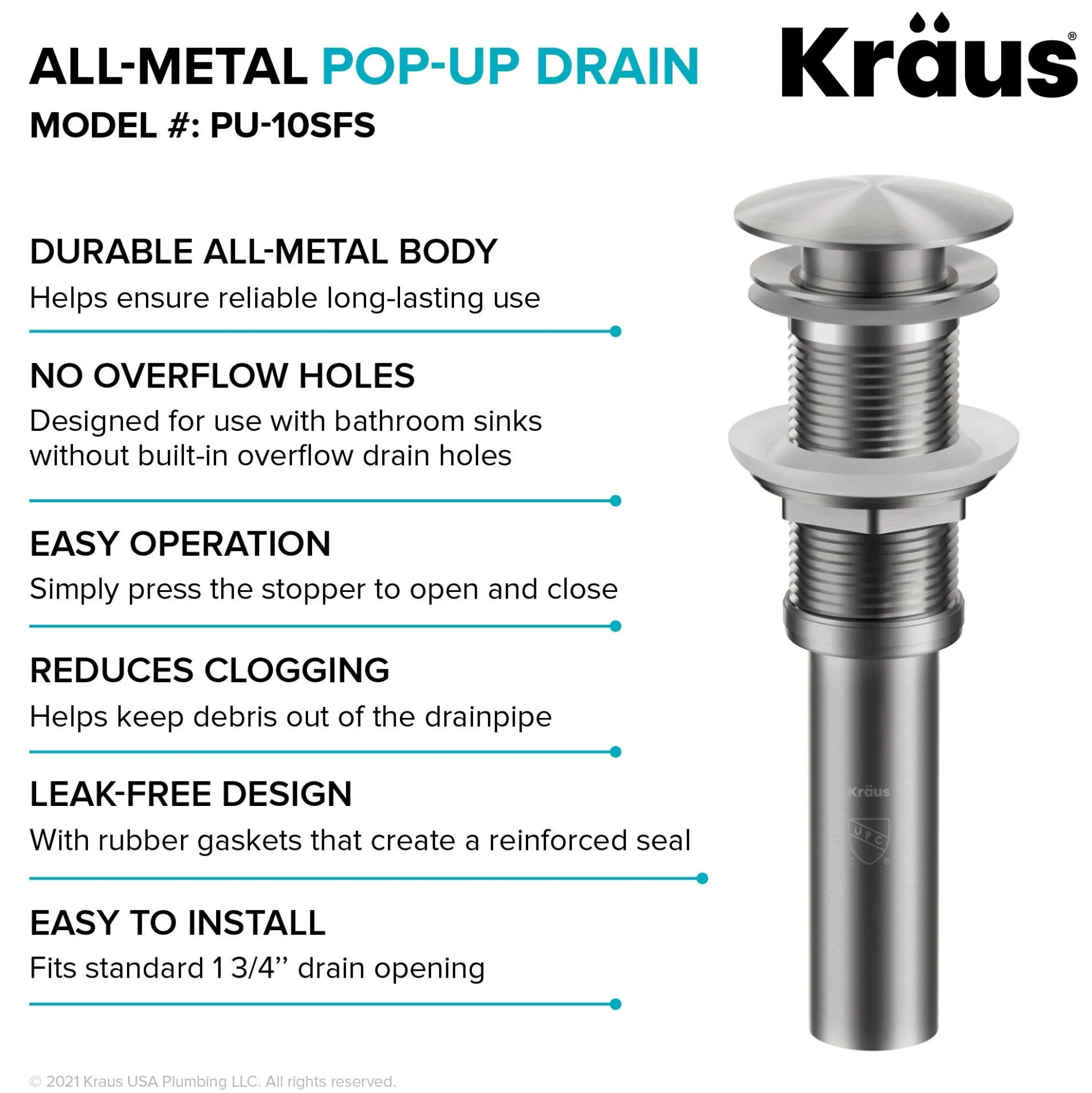 Pop-Up Drain for Bathroom Sinkwithout Overflow in Spot-Free Stainless Steel