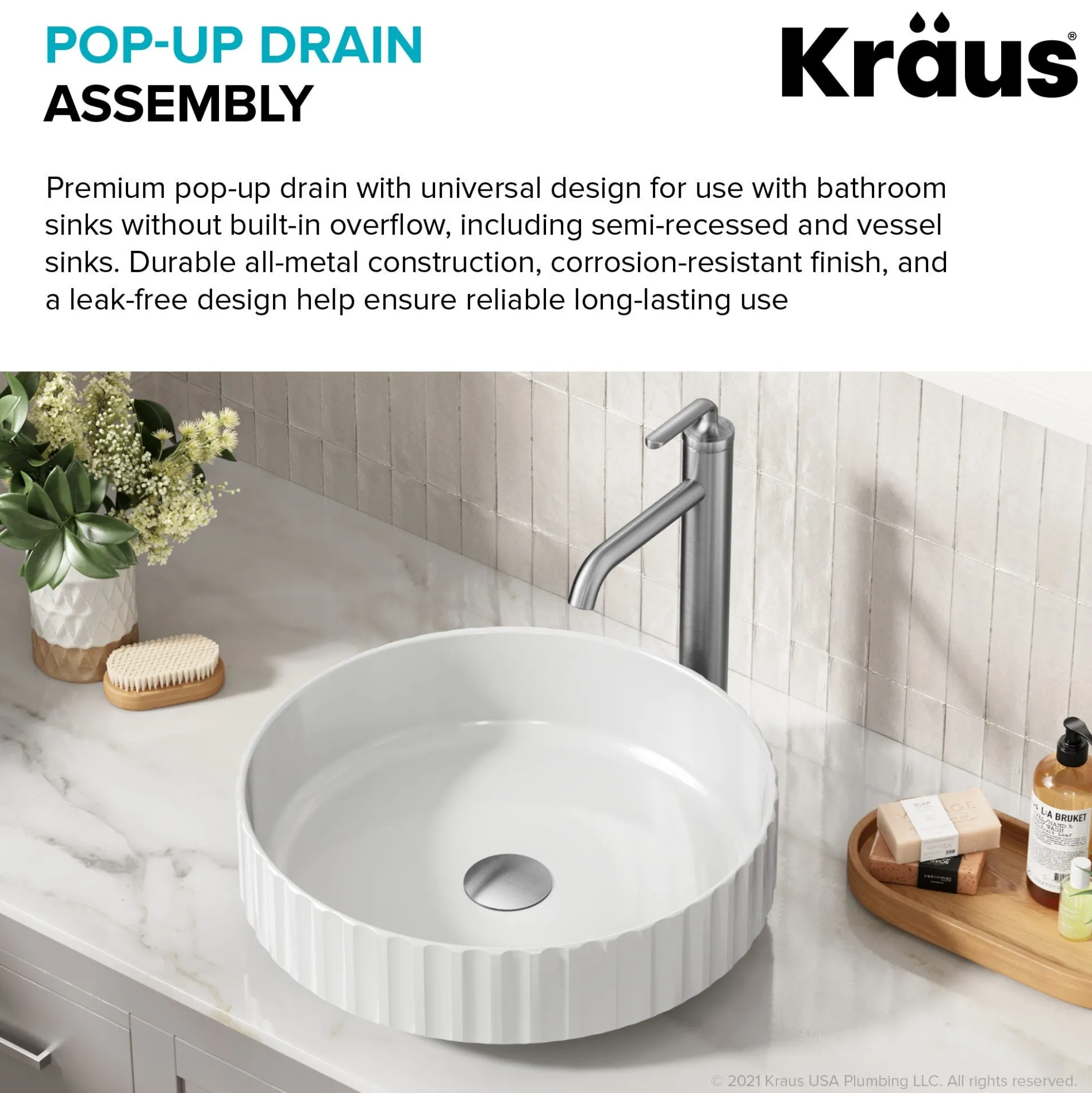 Pop-Up Drain for Bathroom Sinkwithout Overflow in Spot-Free Stainless Steel