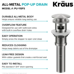 Pop-Up Drain for Bathroom Sink with Overflow in Spot-Free Stainless Steel
