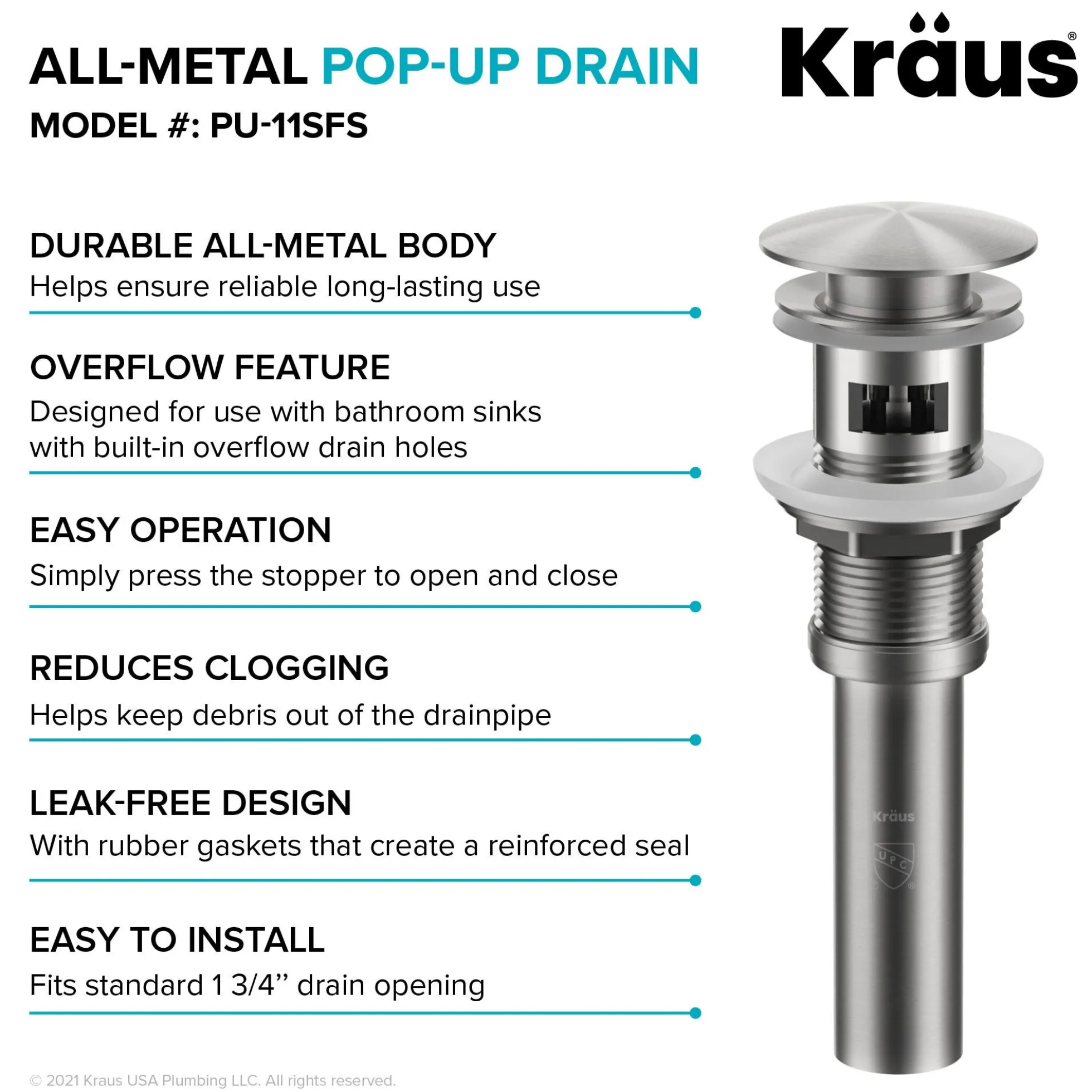 Pop-Up Drain for Bathroom Sink with Overflow in Spot-Free Stainless Steel