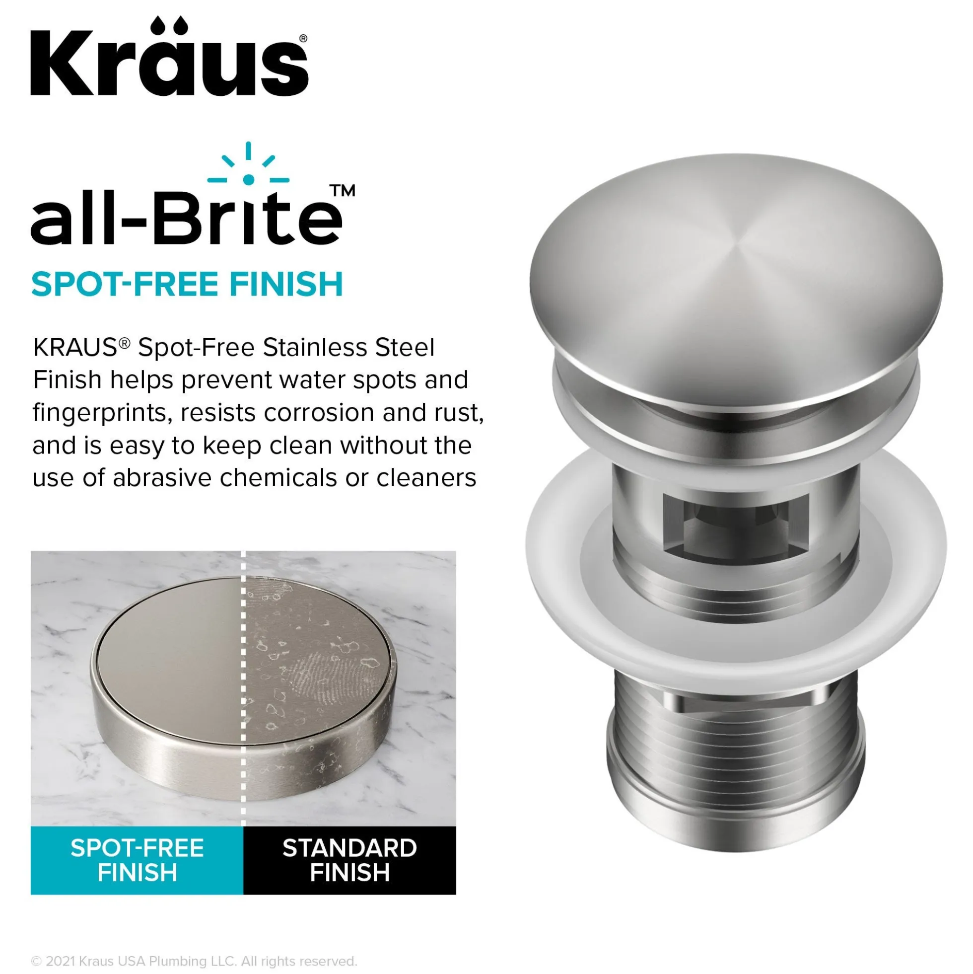Pop-Up Drain for Bathroom Sink with Overflow in Spot-Free Stainless Steel