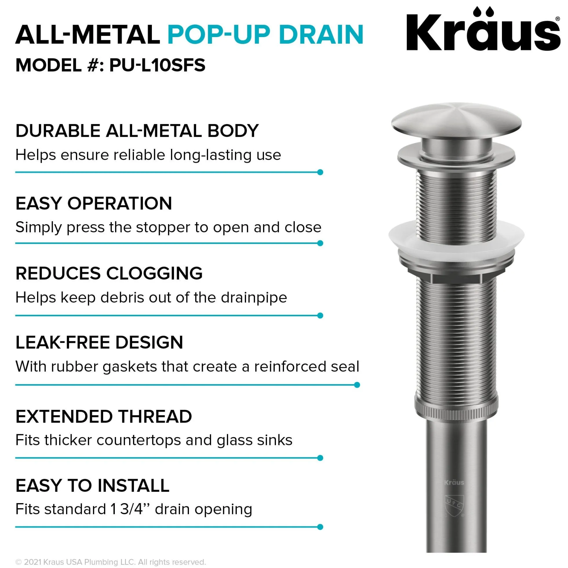 Pop-Up Drain for Bathroom Sink with Extended Threadwithout Overflowin Spot-Free Stainless Steel