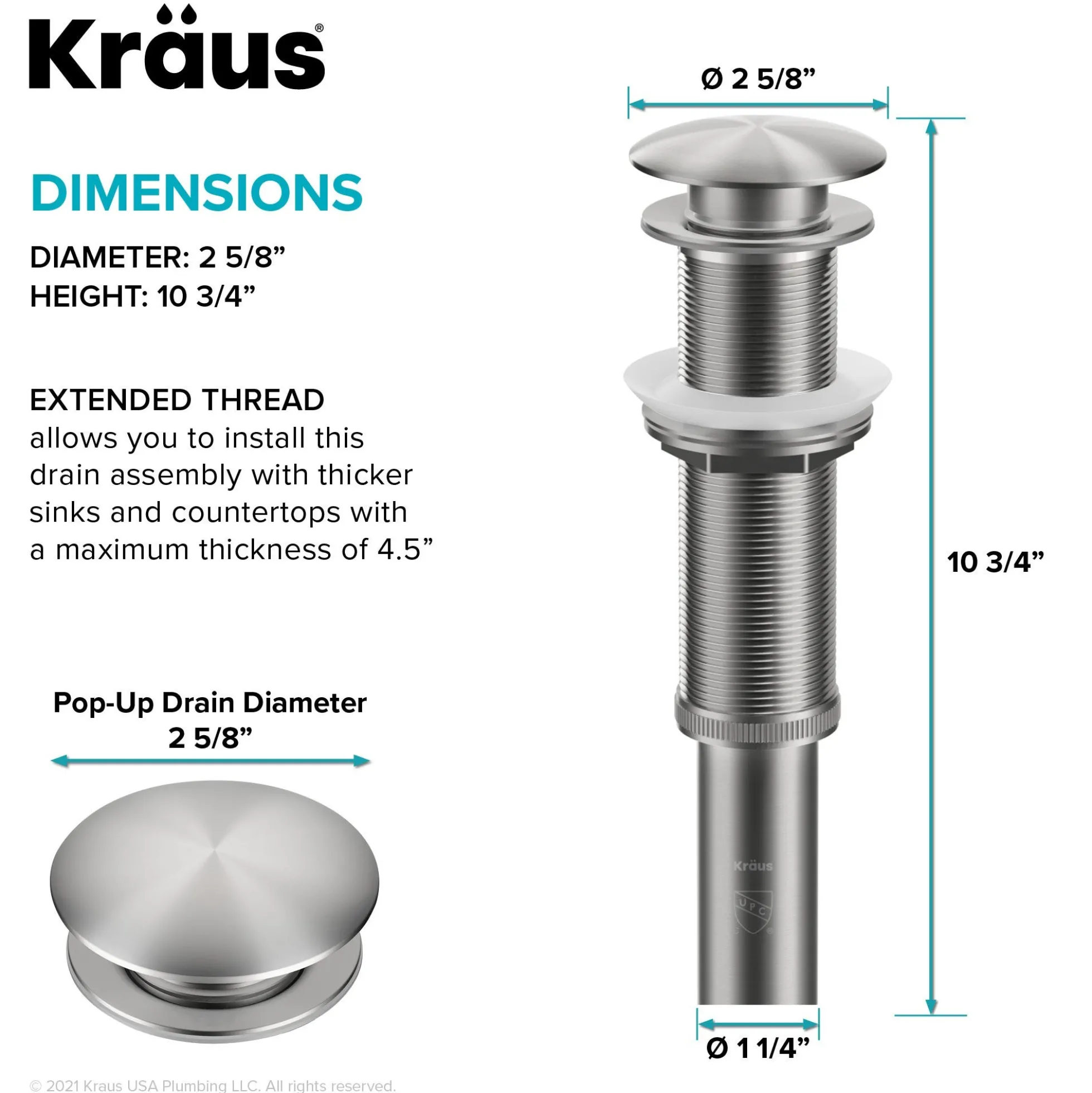 Pop-Up Drain for Bathroom Sink with Extended Threadwithout Overflowin Spot-Free Stainless Steel