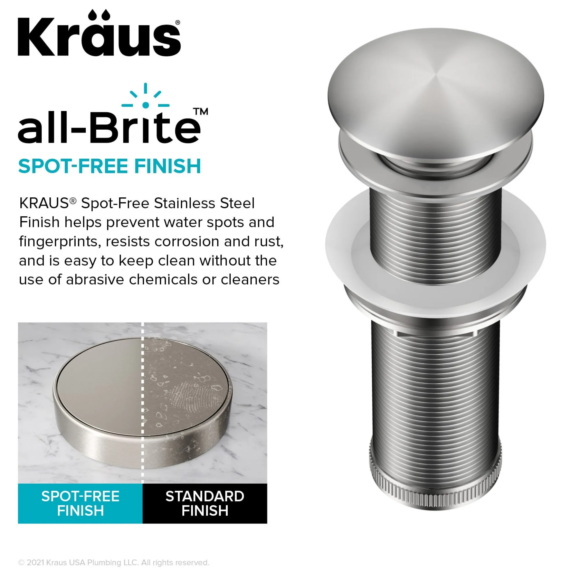 Pop-Up Drain for Bathroom Sink with Extended Threadwithout Overflowin Spot-Free Stainless Steel
