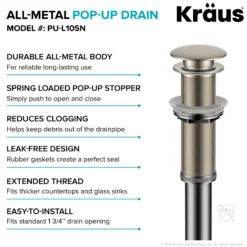 Pop-Up Drain for Bathroom Sink with Extended Threadwithout Overflow in Satin Nickel