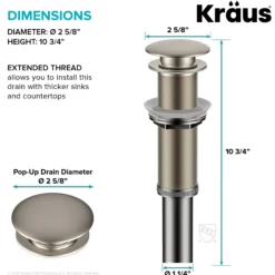 Pop-Up Drain for Bathroom Sink with Extended Threadwithout Overflow in Satin Nickel