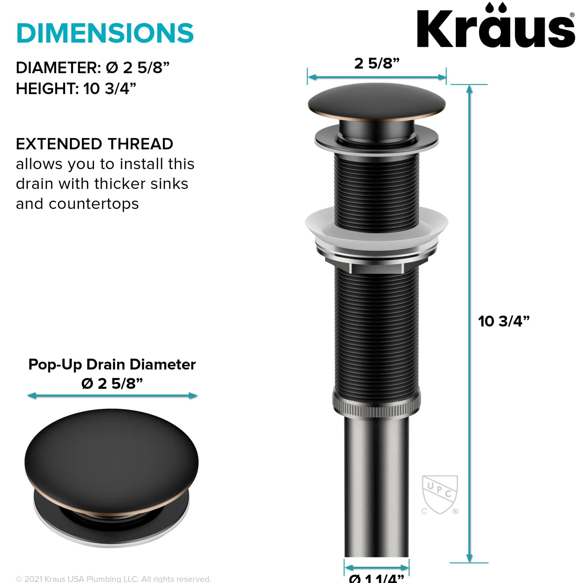 Pop-Up Drain for Bathroom Sink with Extended Threadwithout Overflow in Oil Rubbed Bronze