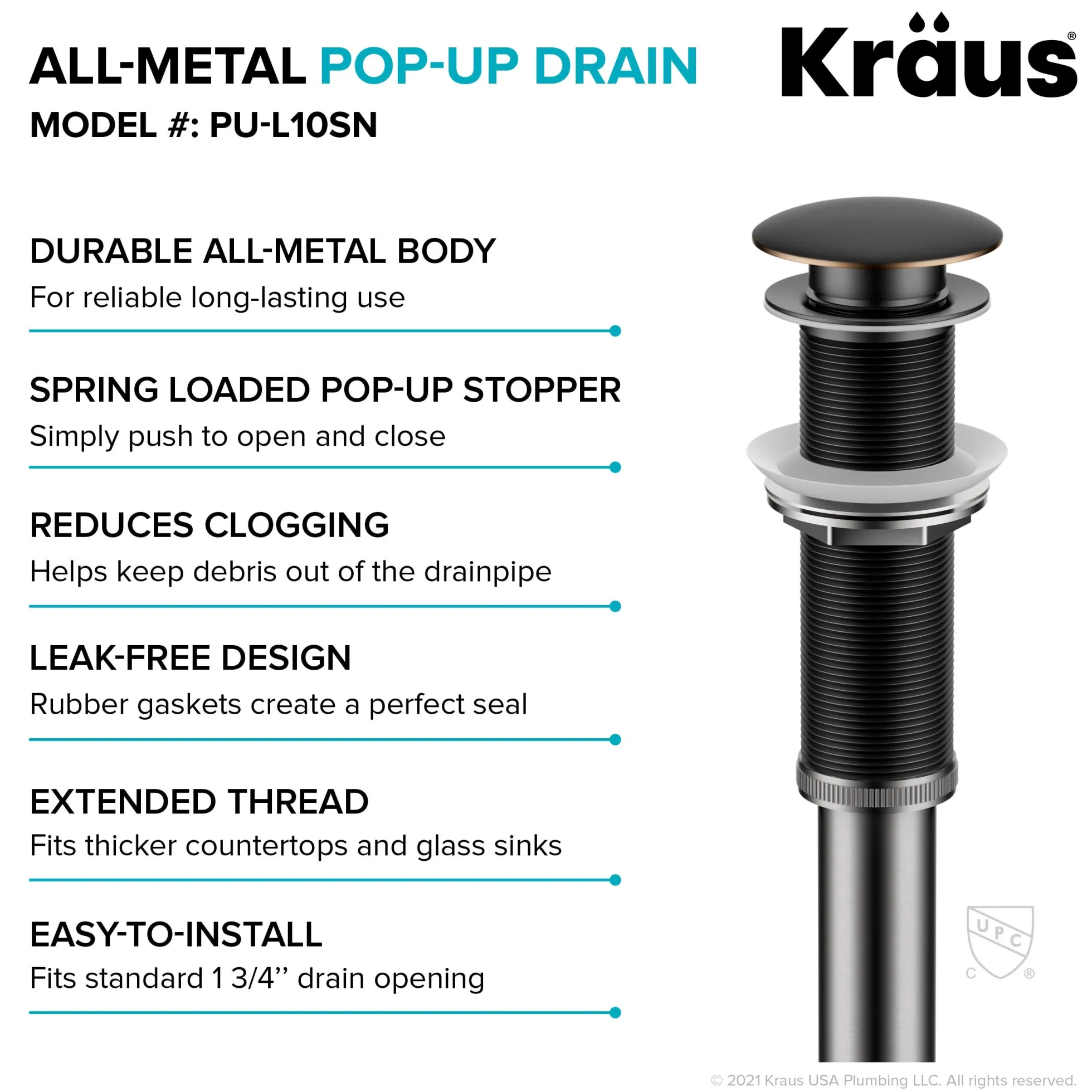 Pop-Up Drain for Bathroom Sink with Extended Threadwithout Overflow in Oil Rubbed Bronze