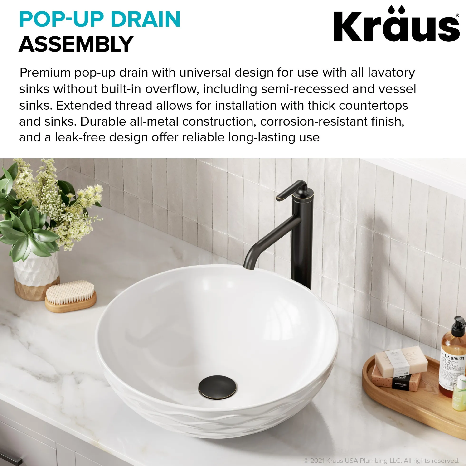 Pop-Up Drain for Bathroom Sink with Extended Threadwithout Overflow in Oil Rubbed Bronze