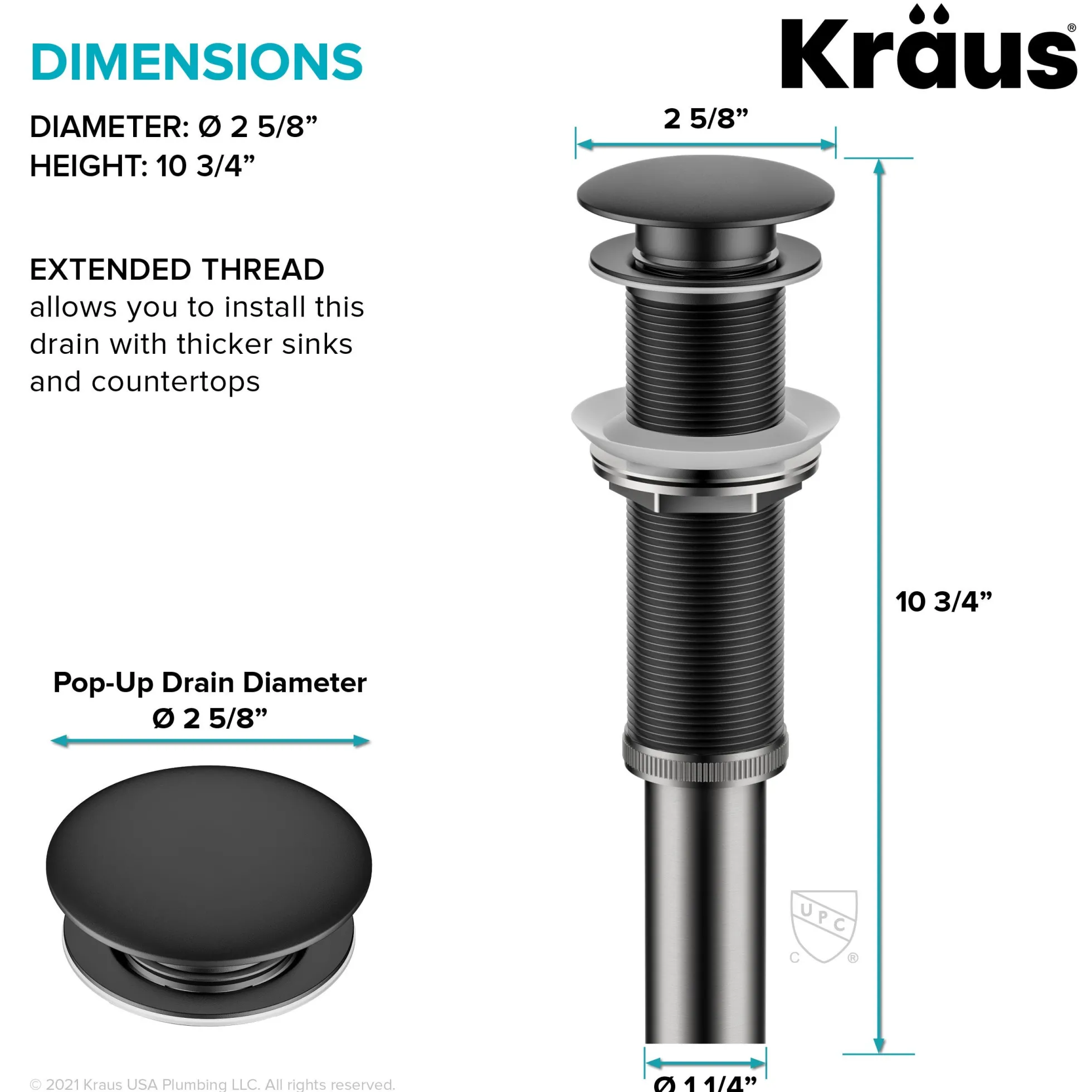 Pop-Up Drain for Bathroom Sink with Extended Threadwithout Overflow in Matte Black