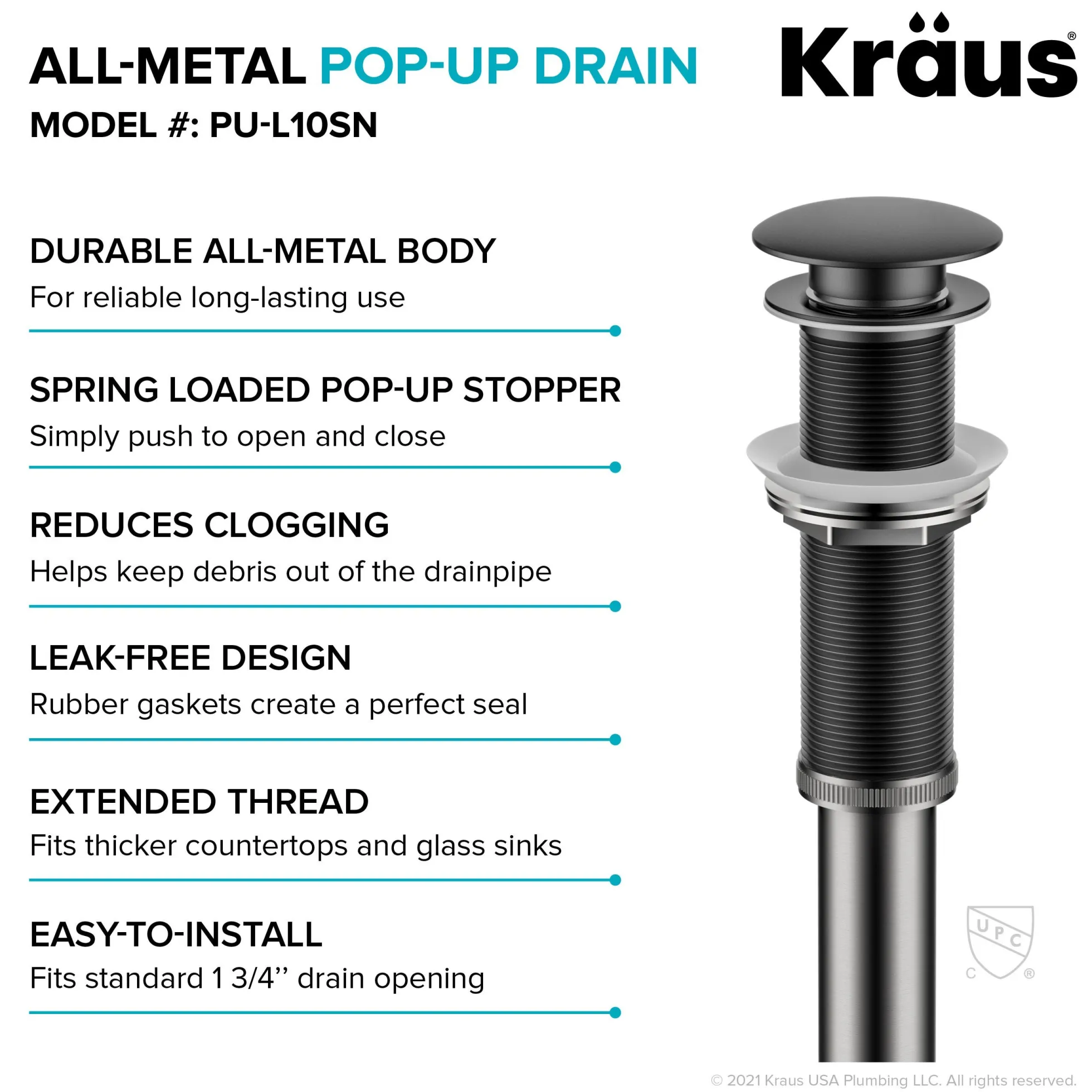 Pop-Up Drain for Bathroom Sink with Extended Threadwithout Overflow in Matte Black