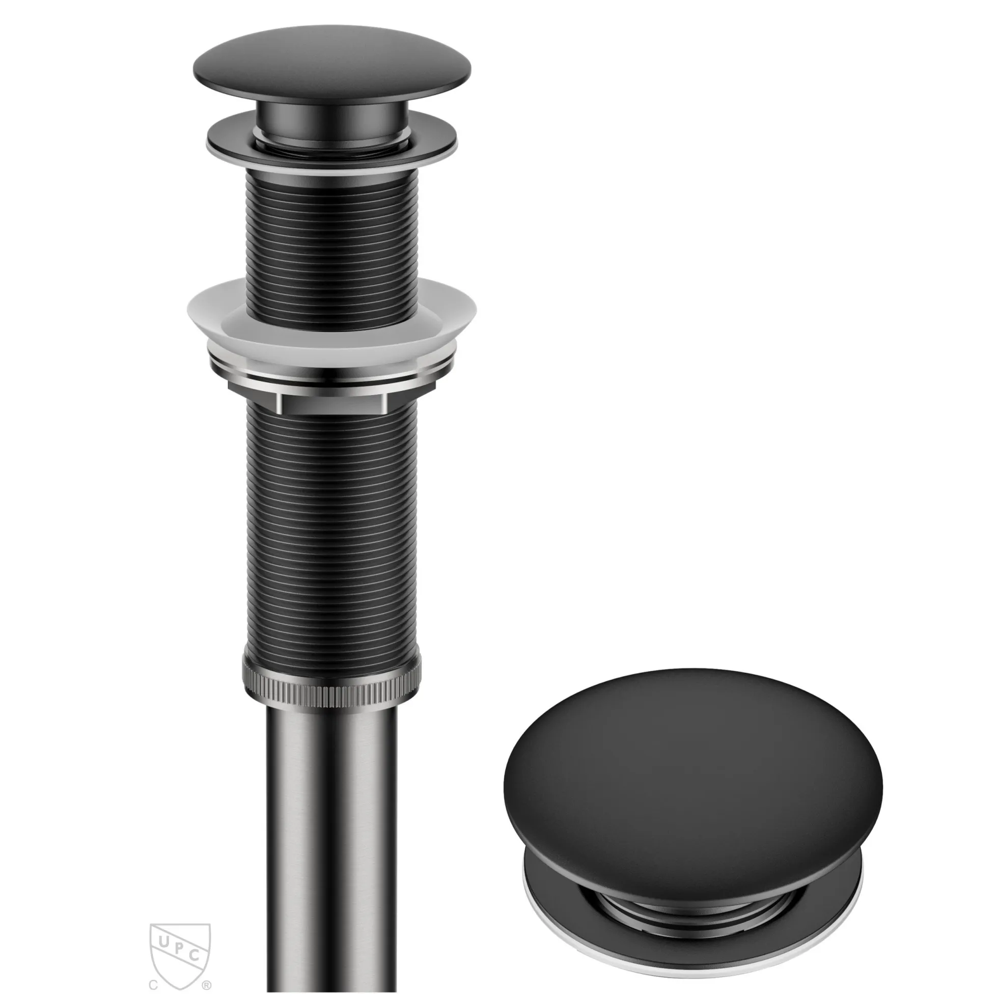 Pop-Up Drain for Bathroom Sink with Extended Threadwithout Overflow in Matte Black
