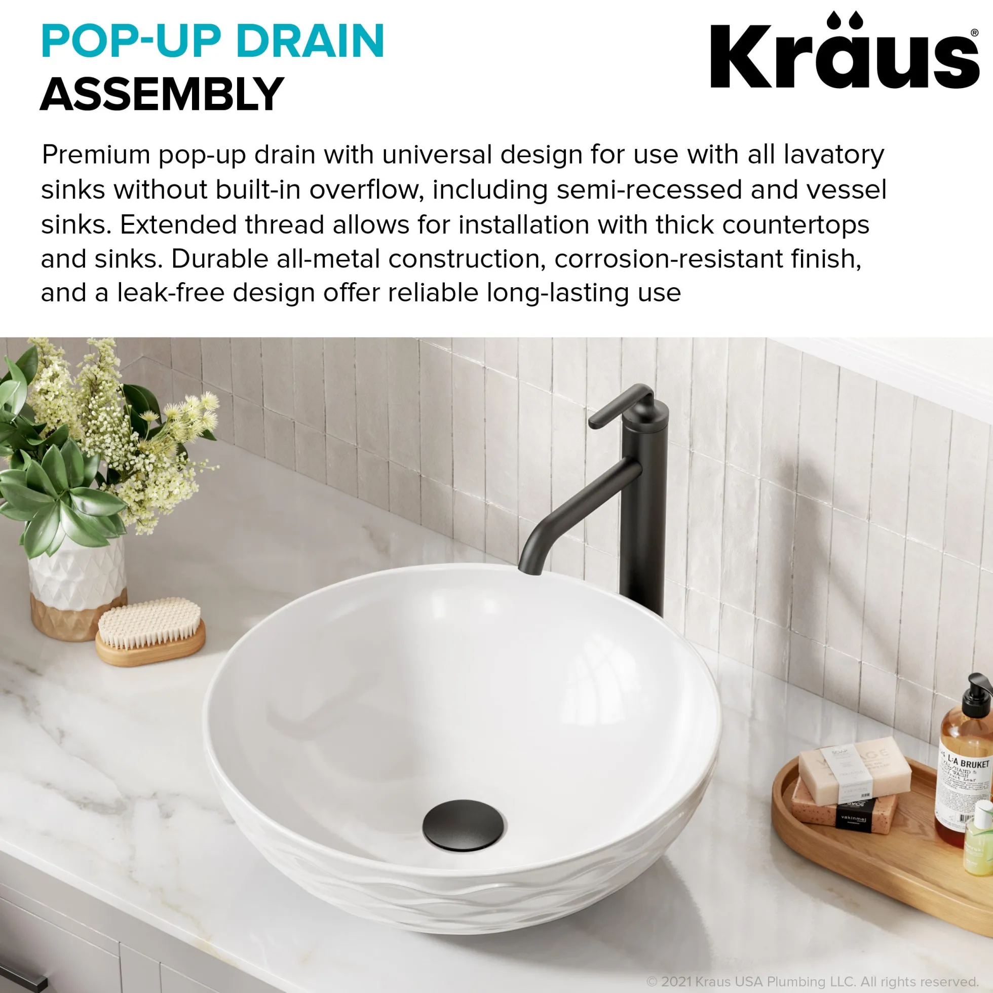 Pop-Up Drain for Bathroom Sink with Extended Threadwithout Overflow in Matte Black