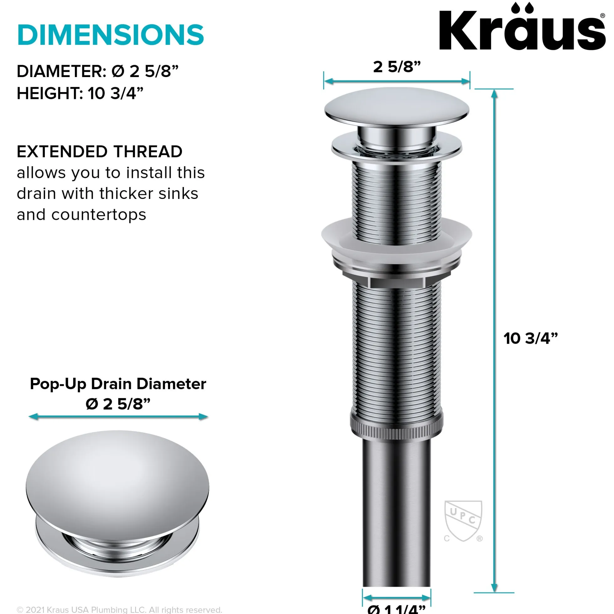 Pop-Up Drain for Bathroom Sink with Extended Threadwithout Overflow in Chrome