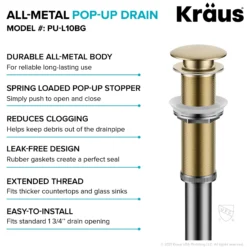 Pop-Up Drain for Bathroom Sink with Extended Threadwithout Overflow in Brushed Gold