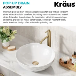 Pop-Up Drain for Bathroom Sink with Extended Threadwithout Overflow in Brushed Gold