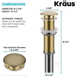 Pop-Up Drain for Bathroom Sink with Extended Threadwithout Overflow in Brushed Gold