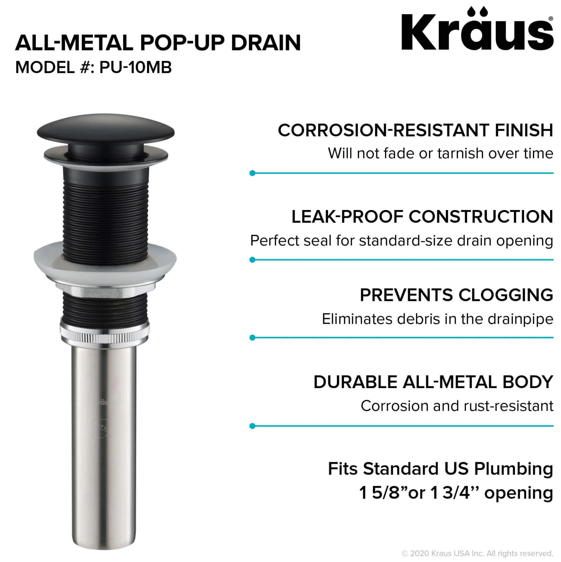 Pop-Up Drain for Bathroom Sinkwithout Overflow in Matte Black