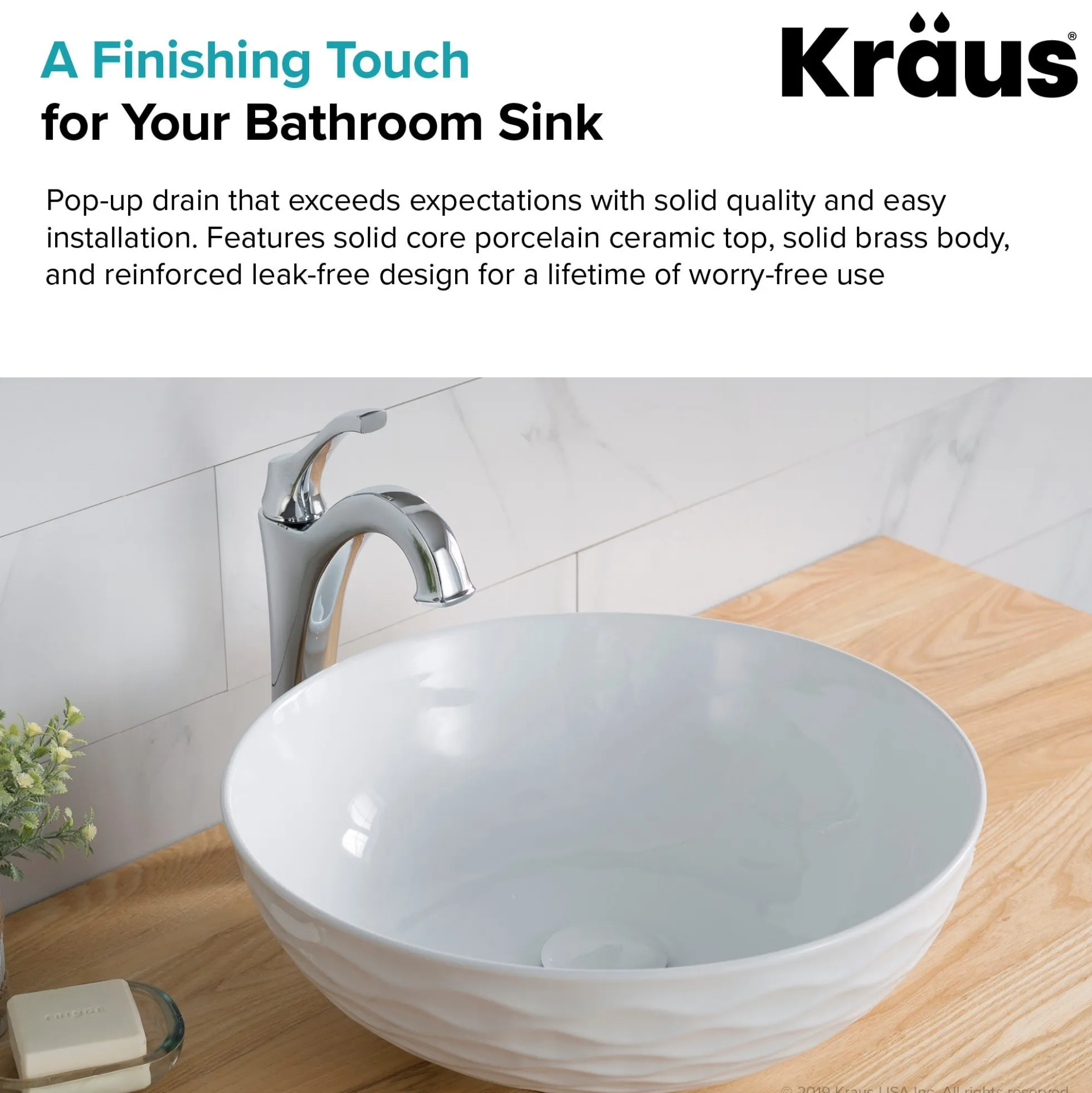 Pop-Up Drain with Porcelain Ceramic Top for Bathroom Sink without Overflow in Gloss White