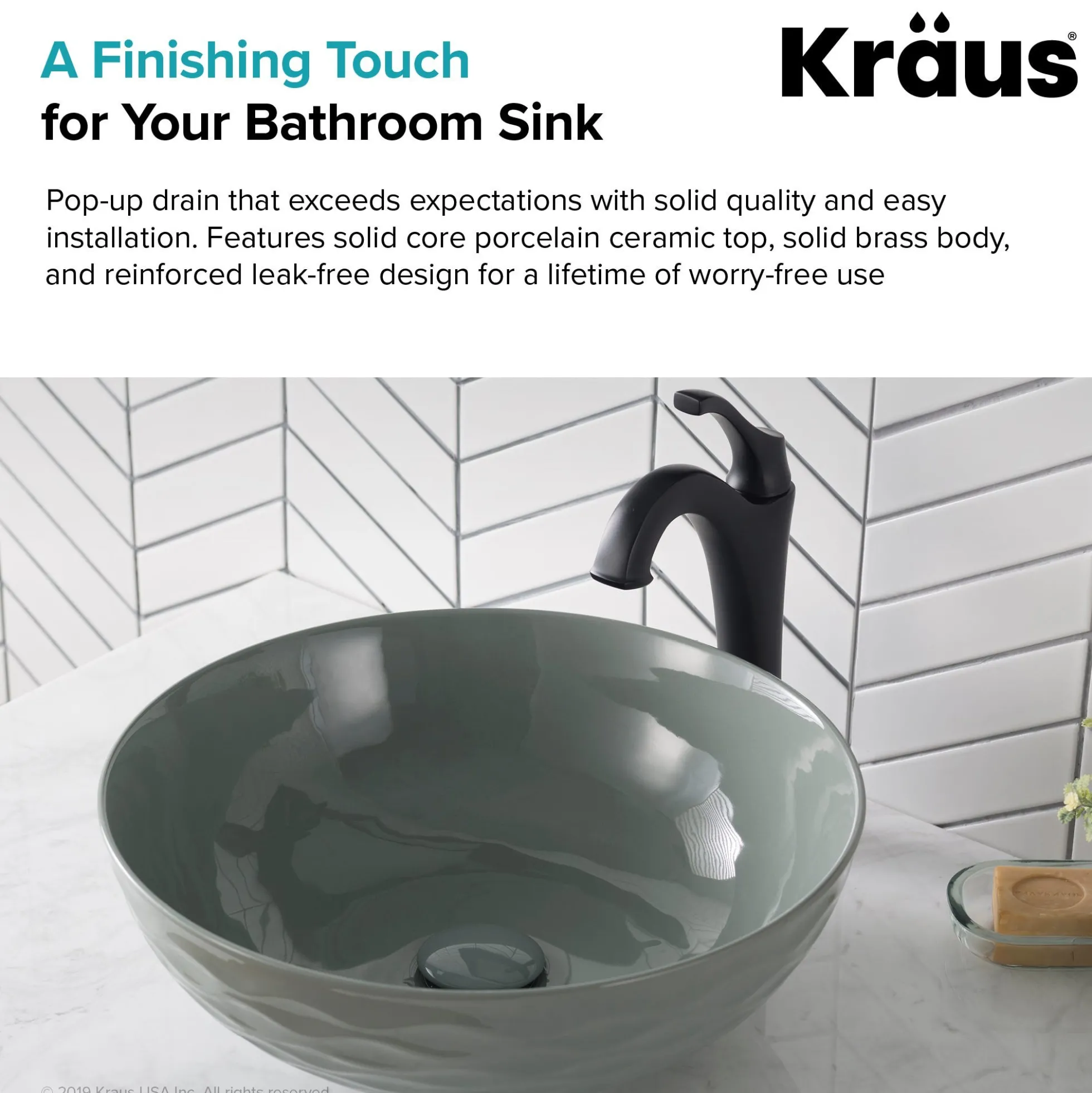 Pop-Up Drain with Porcelain Ceramic Top for Bathroom Sink without Overflow in Gloss Grey