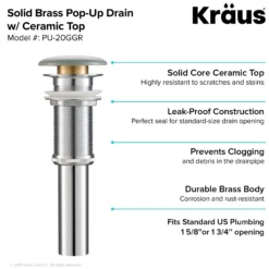 Pop-Up Drain with Porcelain Ceramic Top for Bathroom Sink without Overflow in Gloss Grey