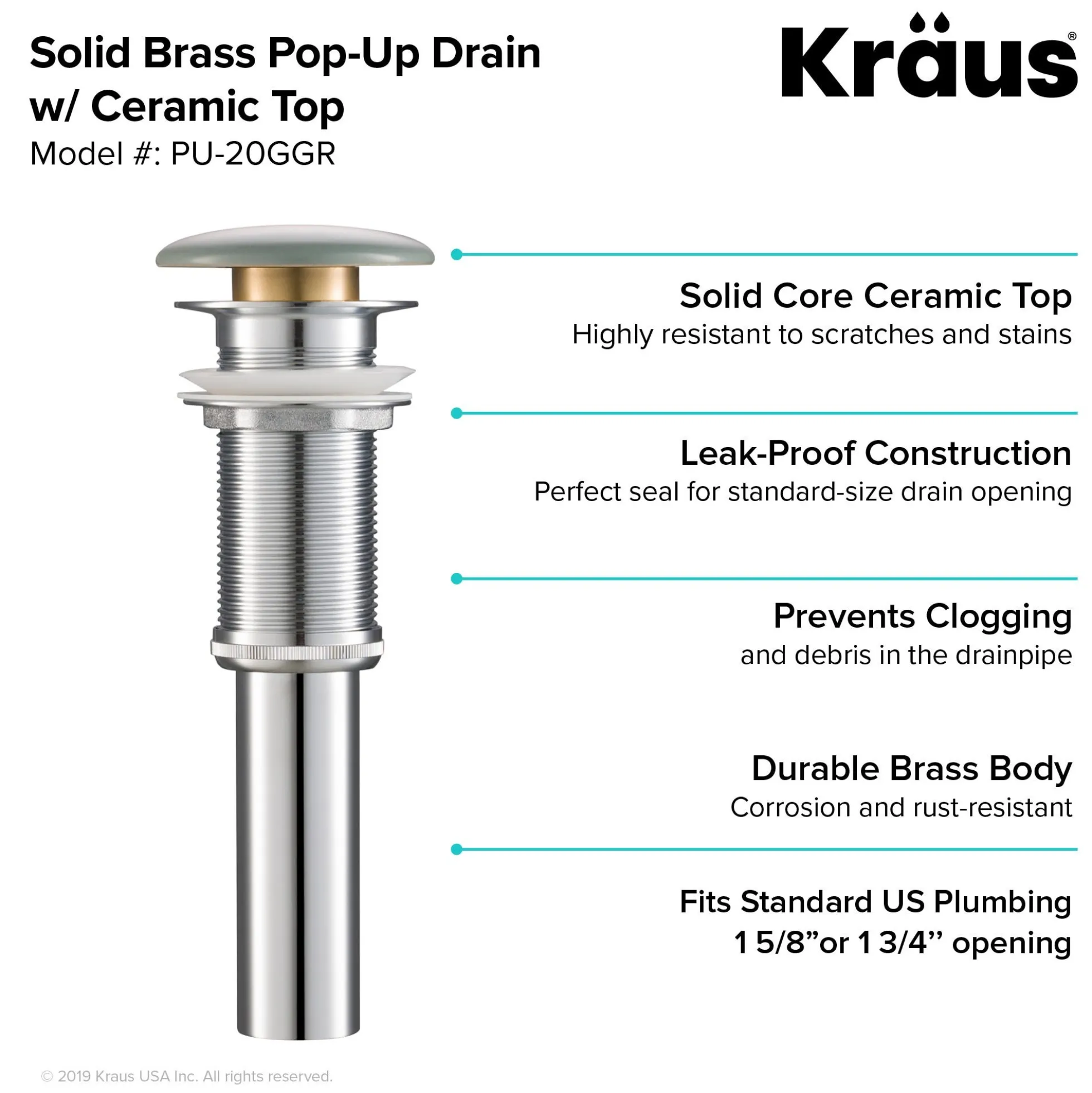 Pop-Up Drain with Porcelain Ceramic Top for Bathroom Sink without Overflow in Gloss Grey