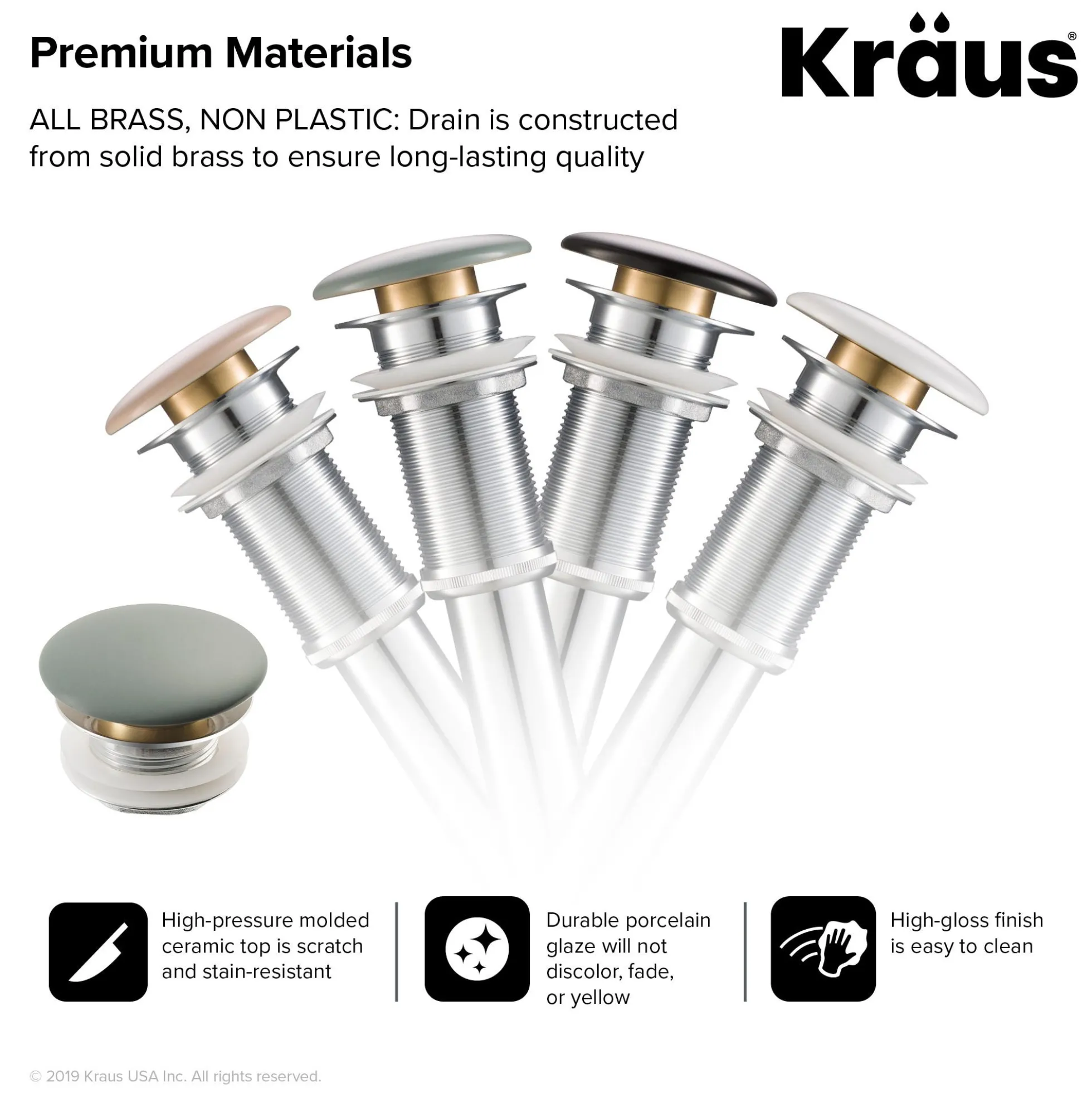 Pop-Up Drain with Porcelain Ceramic Top for Bathroom Sink without Overflow in Gloss Grey