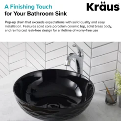 Pop-Up Drain with Porcelain Ceramic Top for Bathroom Sink without Overflow in Gloss Black