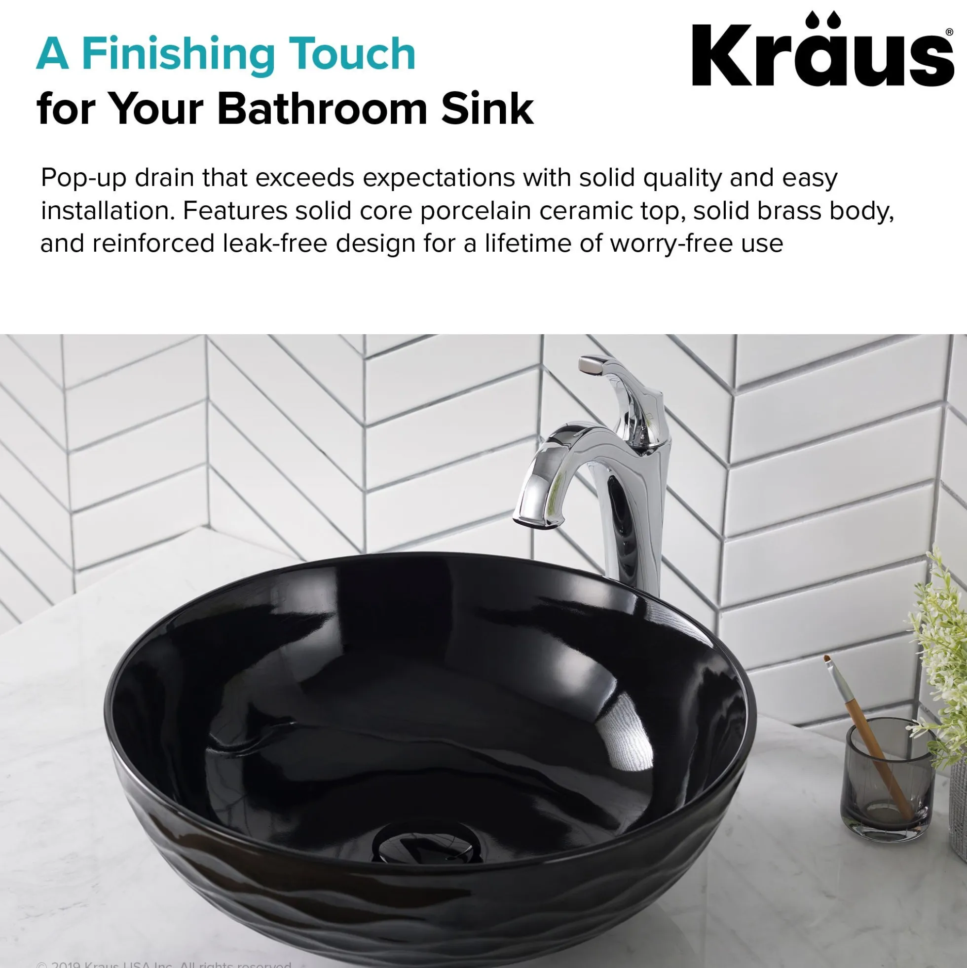 Pop-Up Drain with Porcelain Ceramic Top for Bathroom Sink without Overflow in Gloss Black