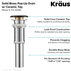 Pop-Up Drain with Porcelain Ceramic Top for Bathroom Sink without Overflow in Gloss Black