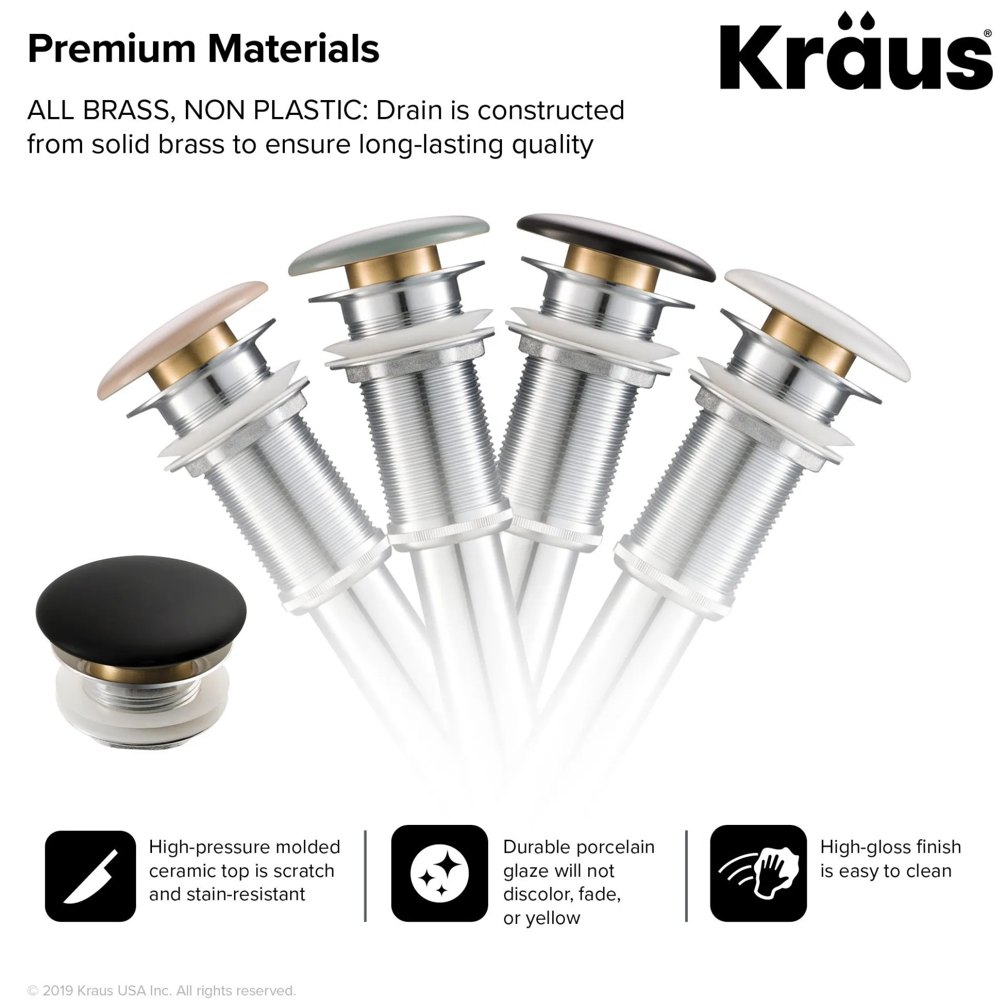 Pop-Up Drain with Porcelain Ceramic Top for Bathroom Sink without Overflow in Gloss Black