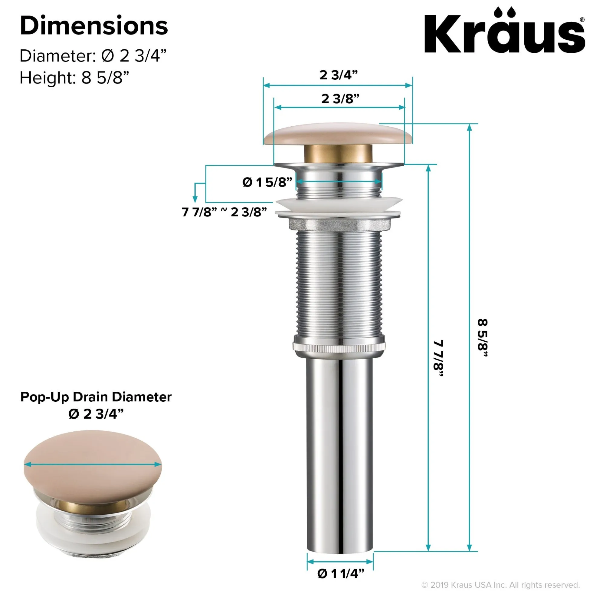 Pop-Up Drain with Porcelain Ceramic Top for Bathroom Sink without Overflow in Gloss Beige