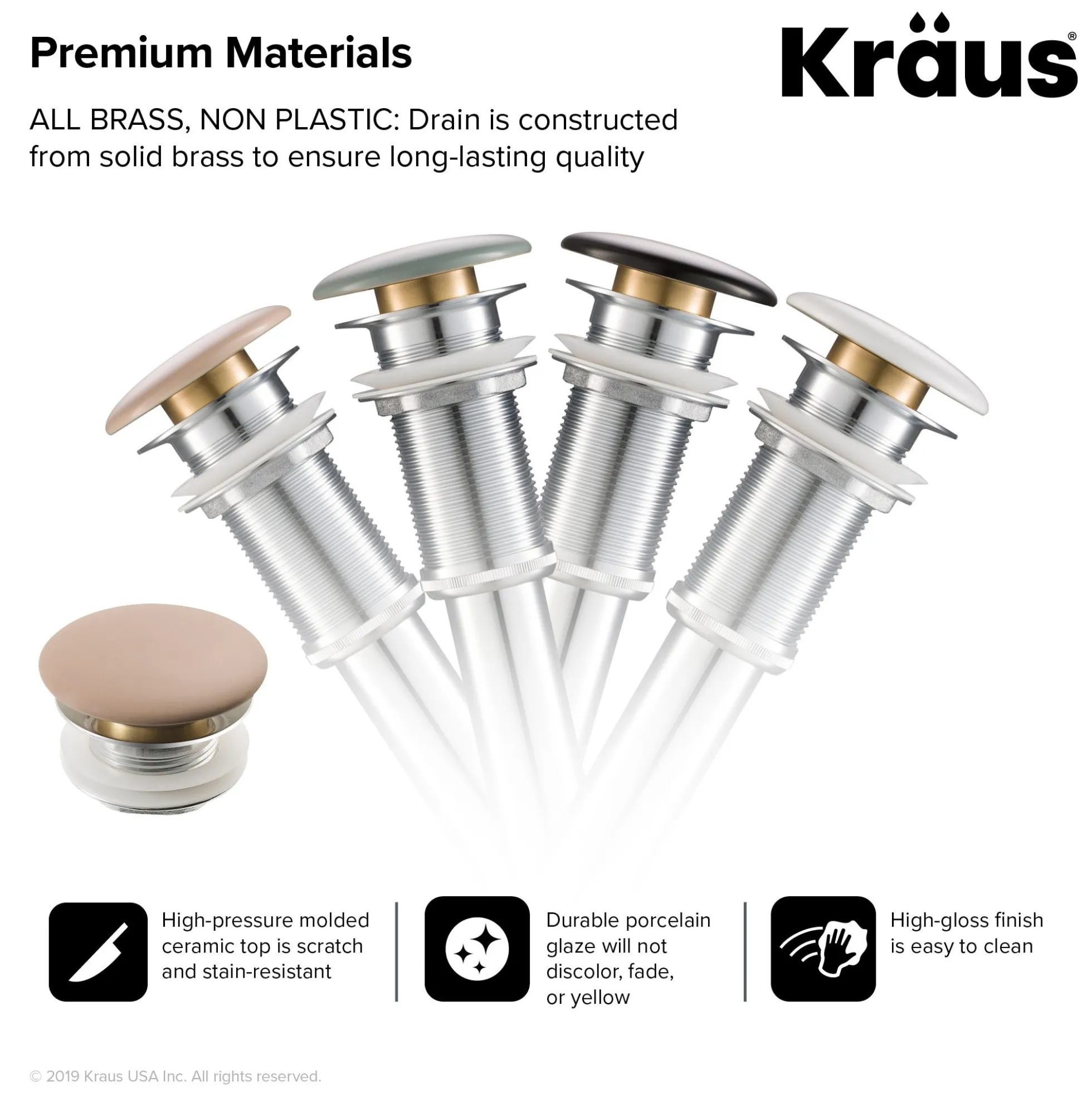 Pop-Up Drain with Porcelain Ceramic Top for Bathroom Sink without Overflow in Gloss Beige