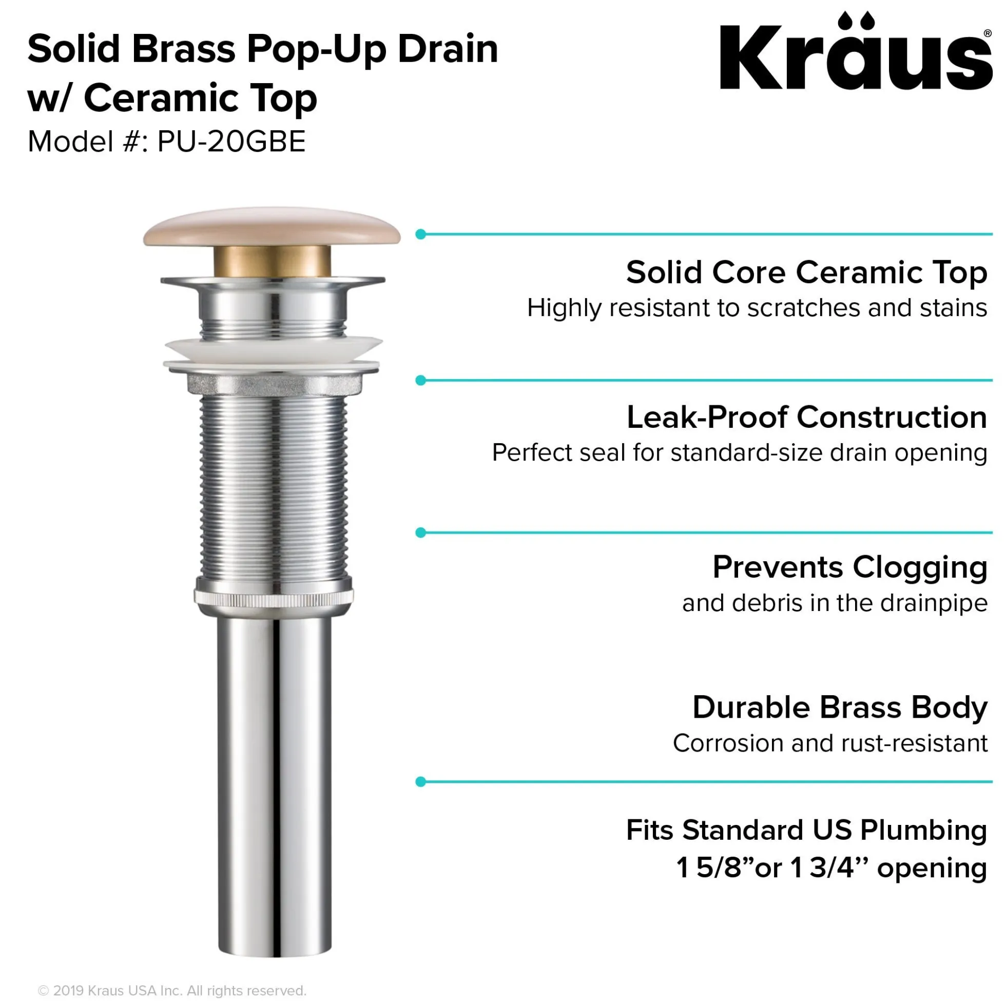 Pop-Up Drain with Porcelain Ceramic Top for Bathroom Sink without Overflow in Gloss Beige