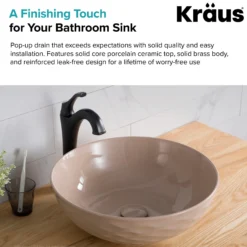Pop-Up Drain with Porcelain Ceramic Top for Bathroom Sink without Overflow in Gloss Beige