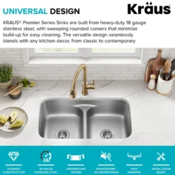 Premier 32” Undermount 50/50 Double Bowl with Low Divider 18-Gauge Stainless Steel Kitchen Sink with WasteGuard™ Continuous Feed Garbage Disposal