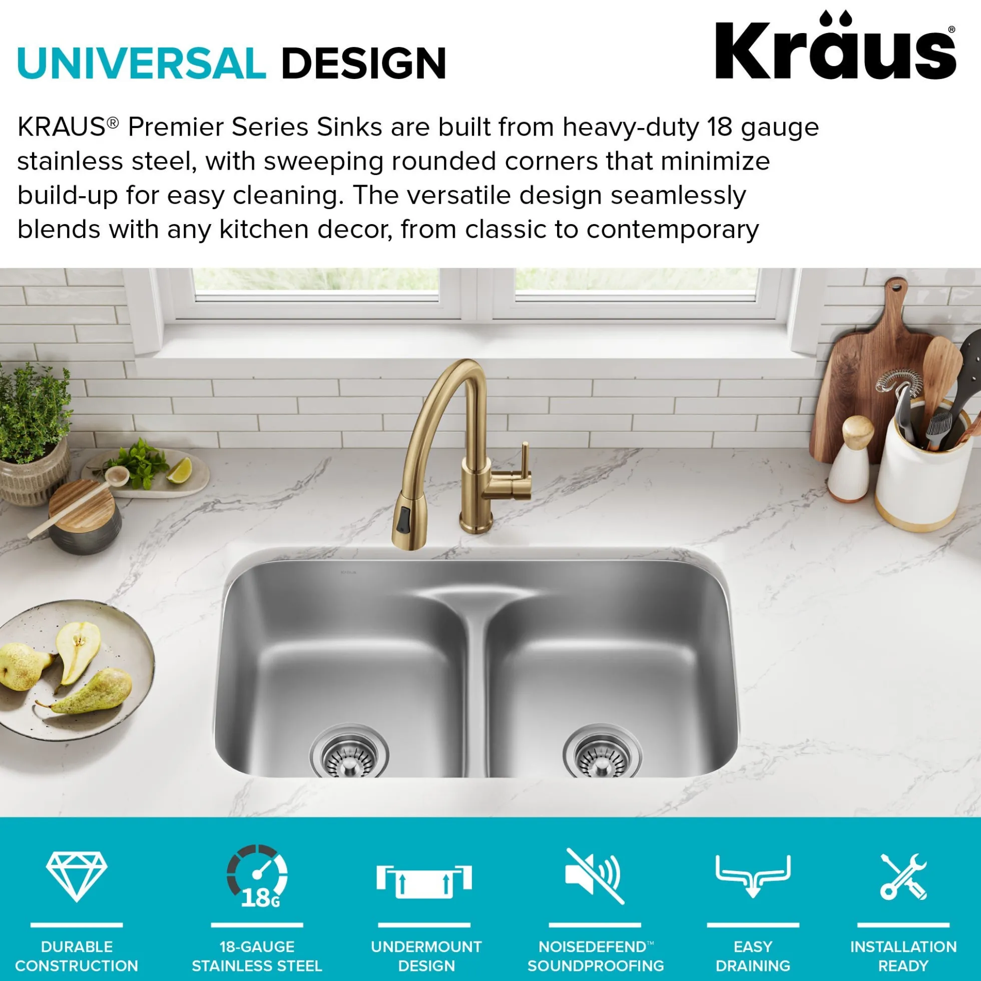 Premier 32” Undermount 50/50 Double Bowl with Low Divider 18-Gauge Stainless Steel Kitchen Sink with WasteGuard™ Continuous Feed Garbage Disposal