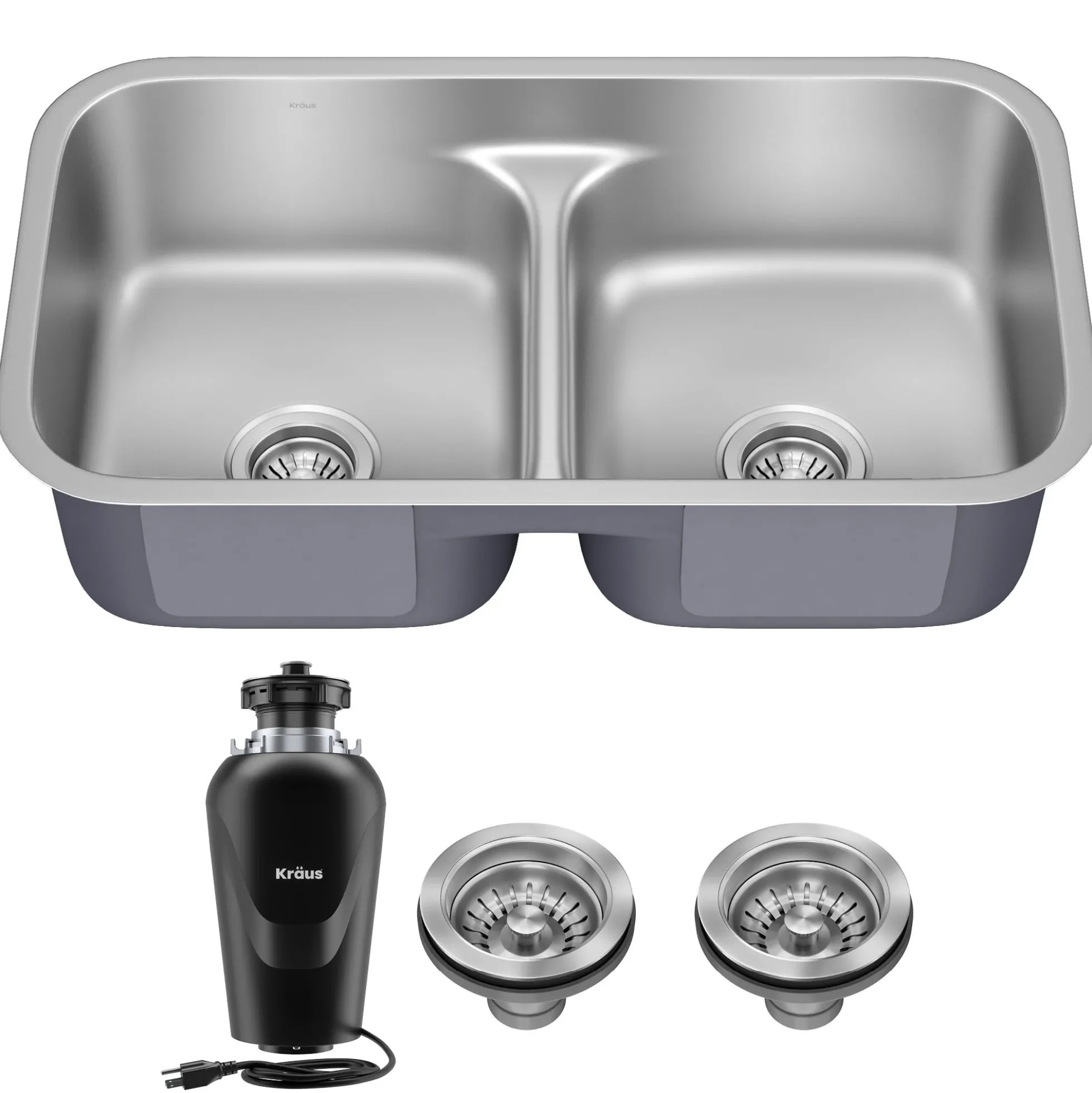 Premier 32” Undermount 50/50 Double Bowl with Low Divider 18-Gauge Stainless Steel Kitchen Sink with WasteGuard™ Continuous Feed Garbage Disposal