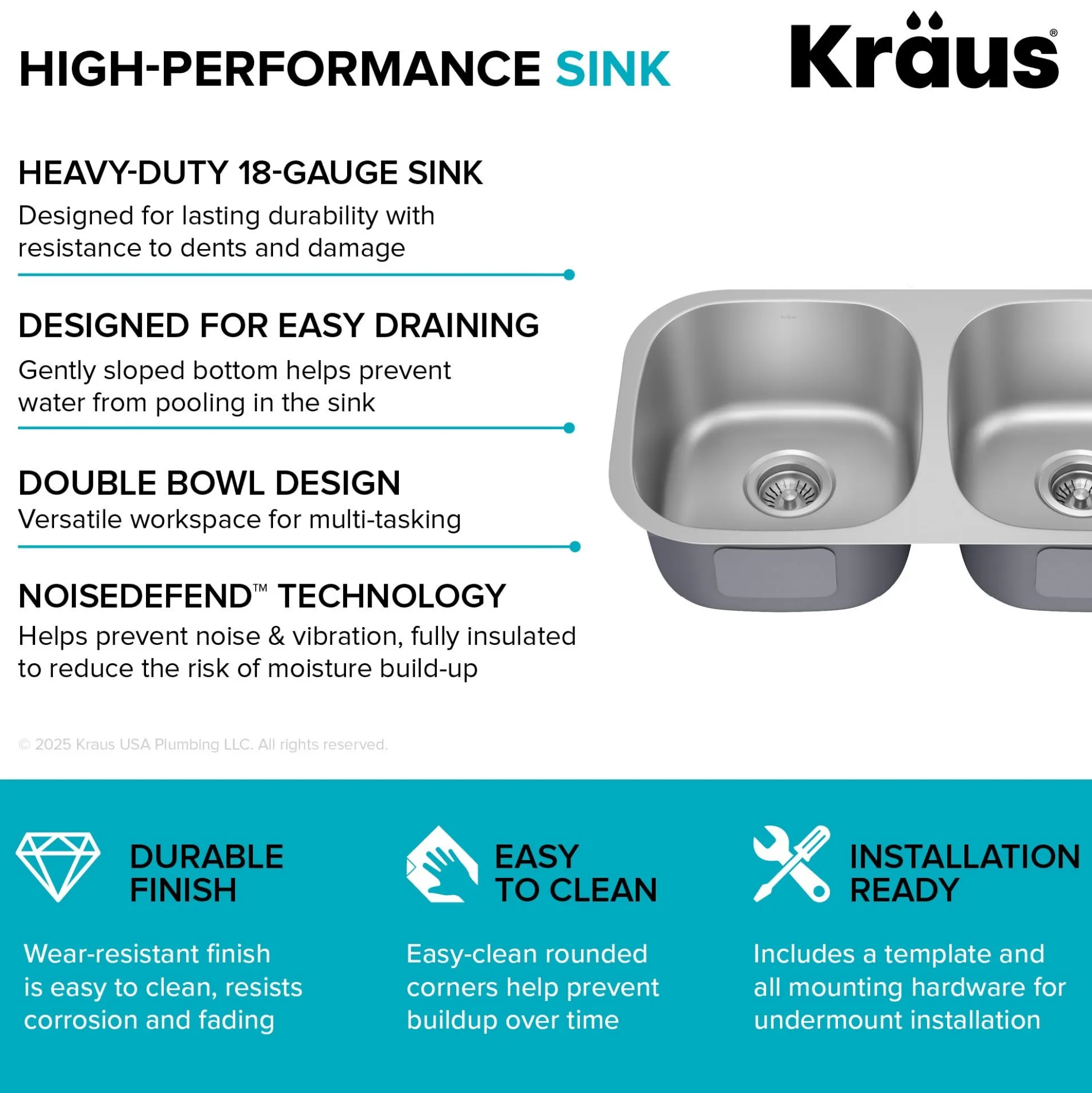 Premier 32” Undermount 50/50 Double Bowl 18-Gauge Stainless Steel Kitchen Sink