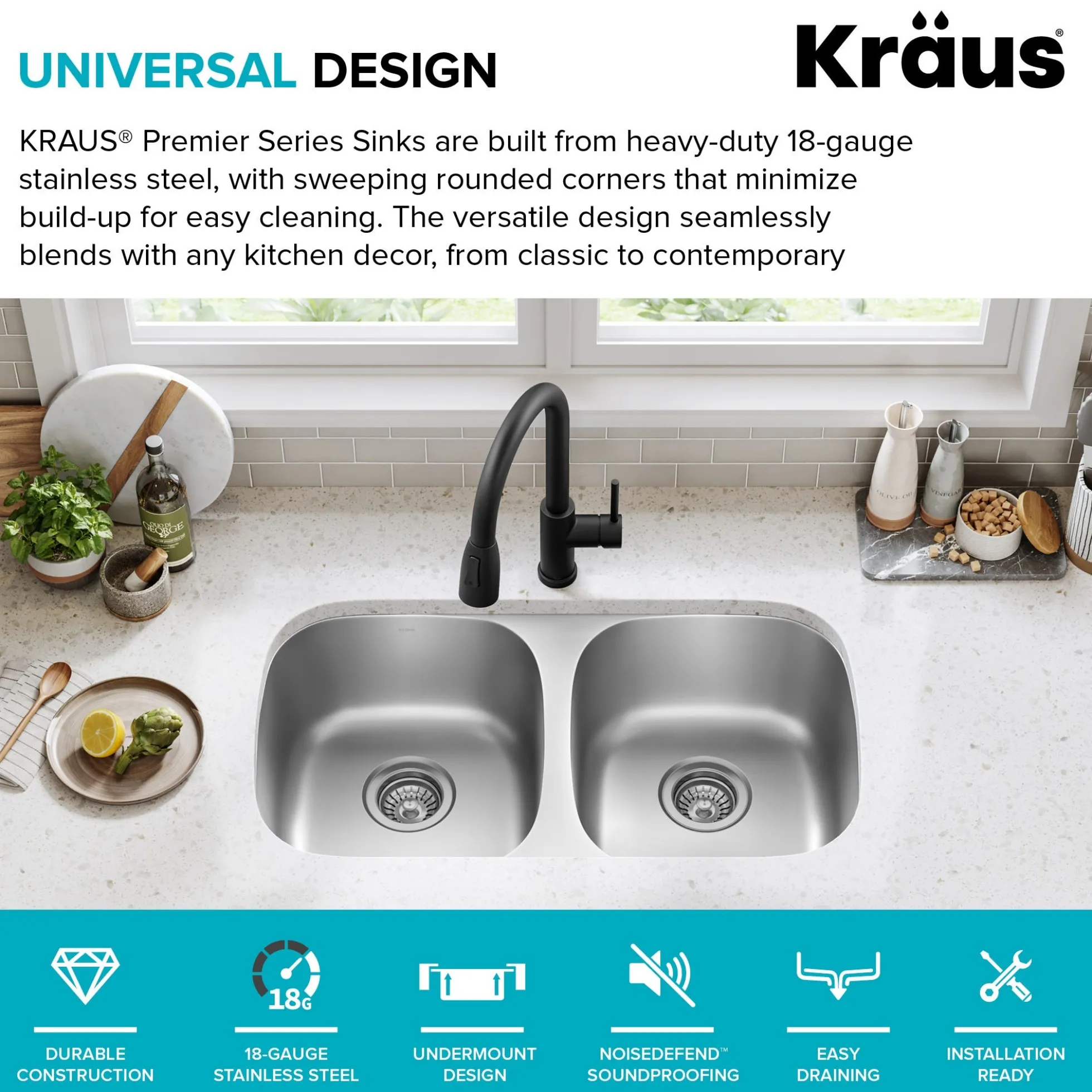 Premier 32” Undermount 50/50 Double Bowl 18-Gauge Stainless Steel Kitchen Sink