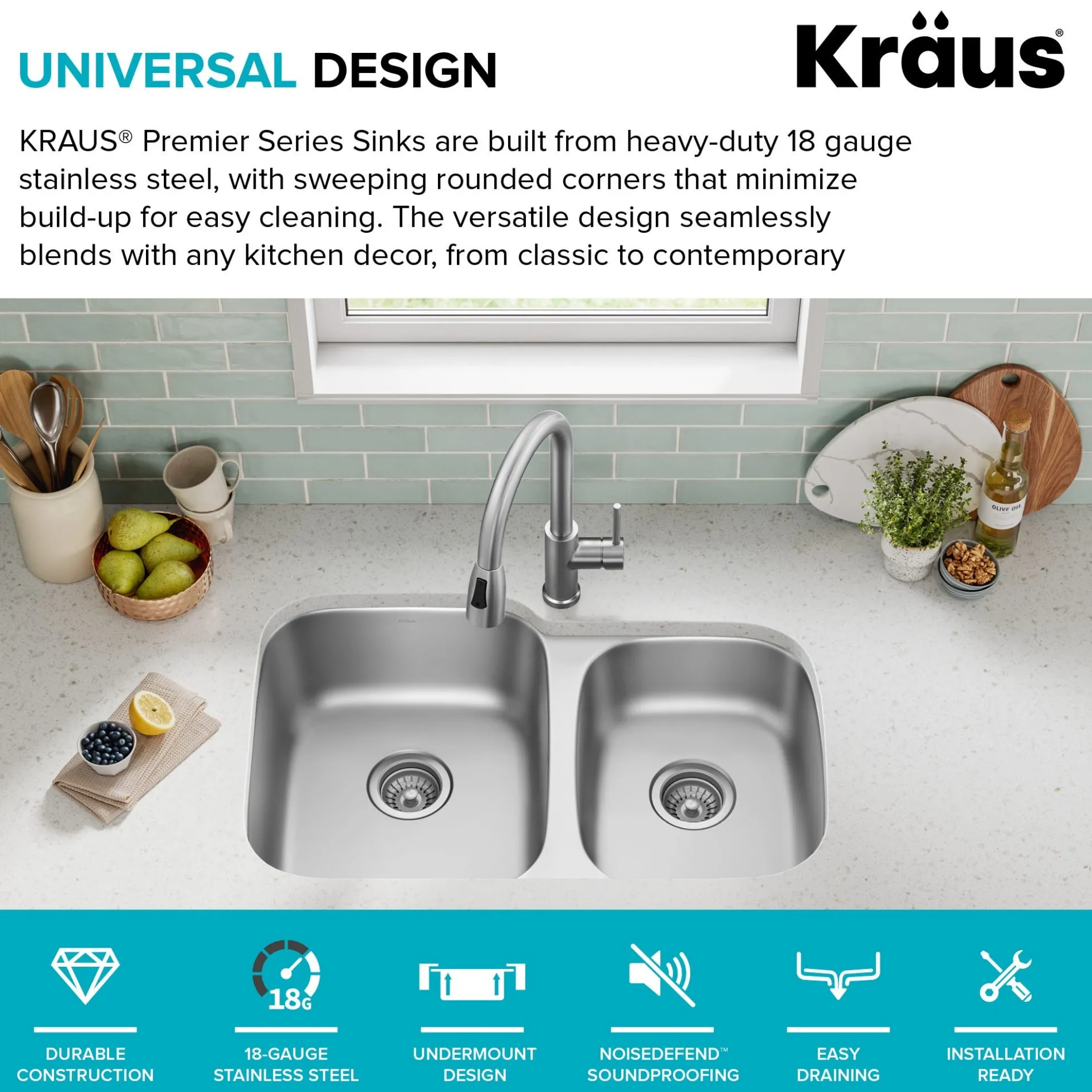 Premier 32” Undermount 60/40 Double Bowl 18-Gauge Stainless Steel Kitchen Sink
