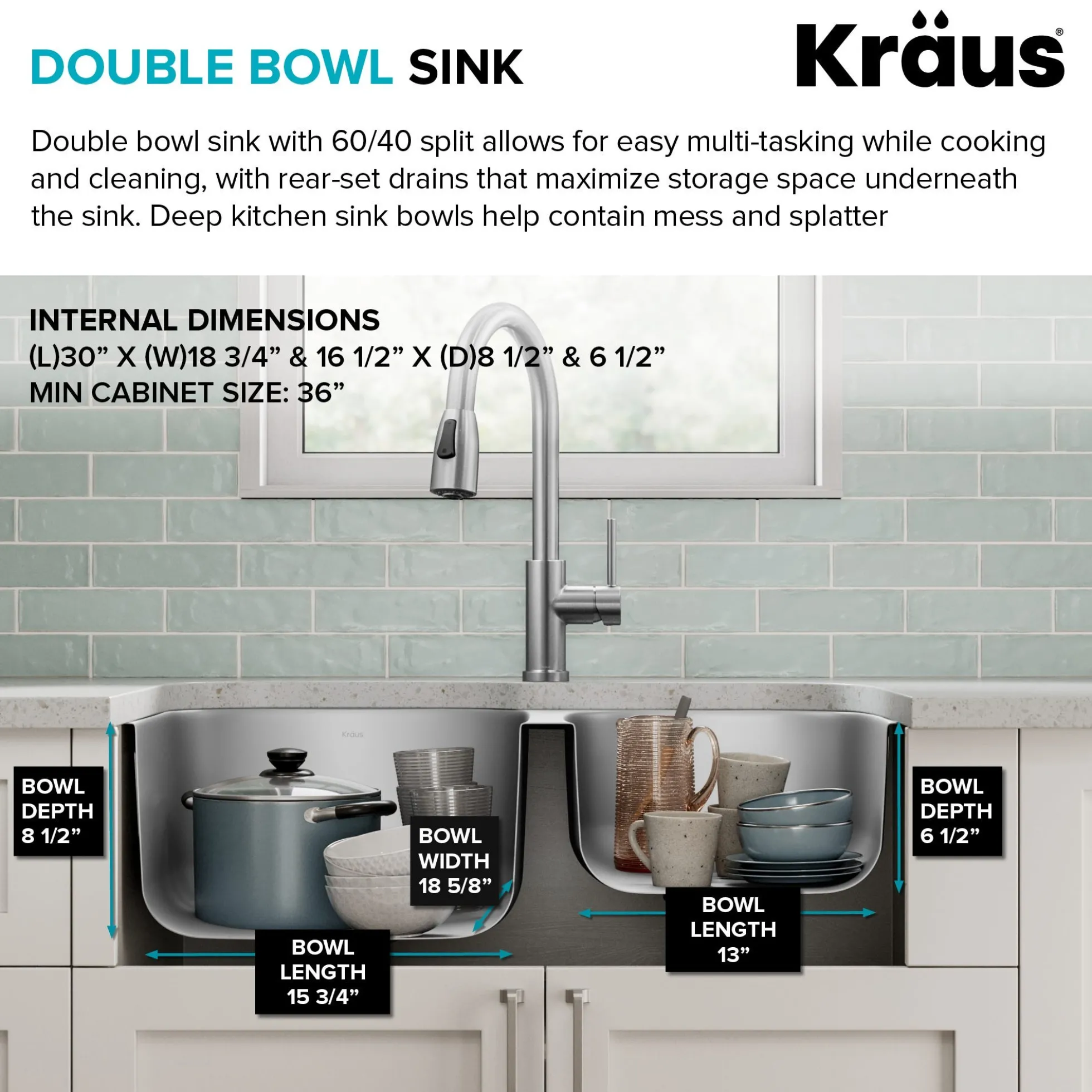 Premier 32” Undermount 60/40 Double Bowl 18-Gauge Stainless Steel Kitchen Sink