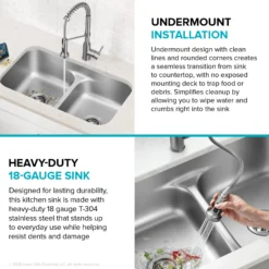 Premier 32” Undermount 50/50 Double Bowl 18-Gauge Stainless Steel Kitchen Sink and Commercial Style Pull Down Faucet in Spot-Free Stainless Steel