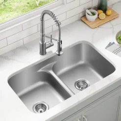 Premier 32” Undermount 50/50 Double Bowl 18-Gauge Stainless Steel Kitchen Sink and Commercial Style Pull Down Faucet in Spot-Free Stainless Steel