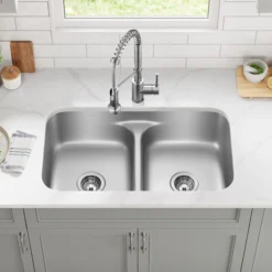 Premier 32” Undermount 50/50 Double Bowl 18-Gauge Stainless Steel Kitchen Sink and Commercial Style Pull Down Faucet in Spot-Free Stainless Steel