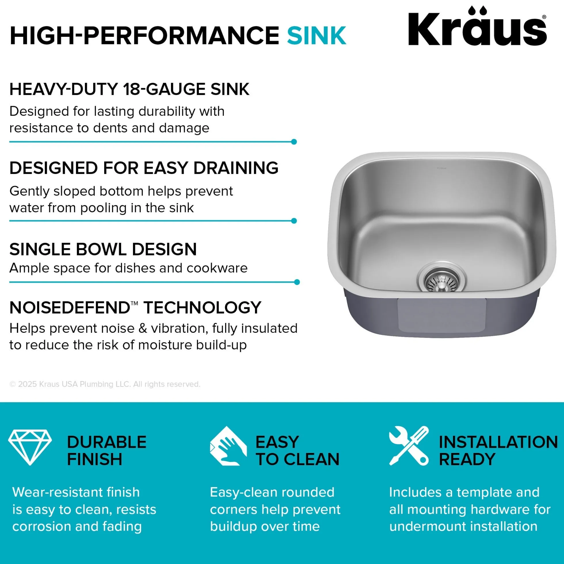 Premier 20” Undermount Single Bowl 18-Gauge Stainless Steel Kitchen Sink