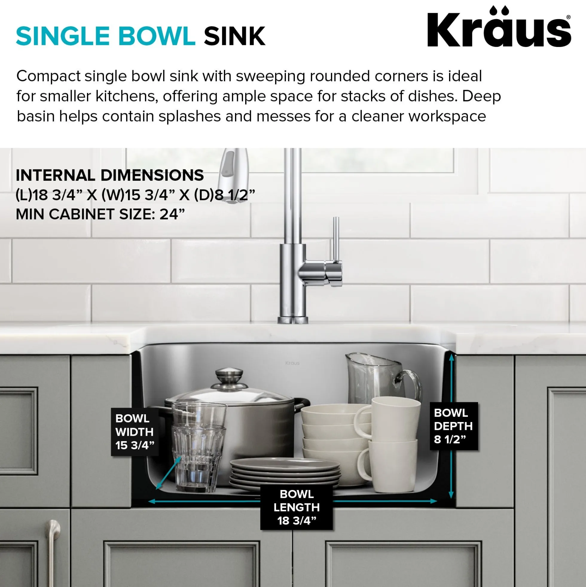 Premier 20” Undermount Single Bowl 18-Gauge Stainless Steel Kitchen Sink