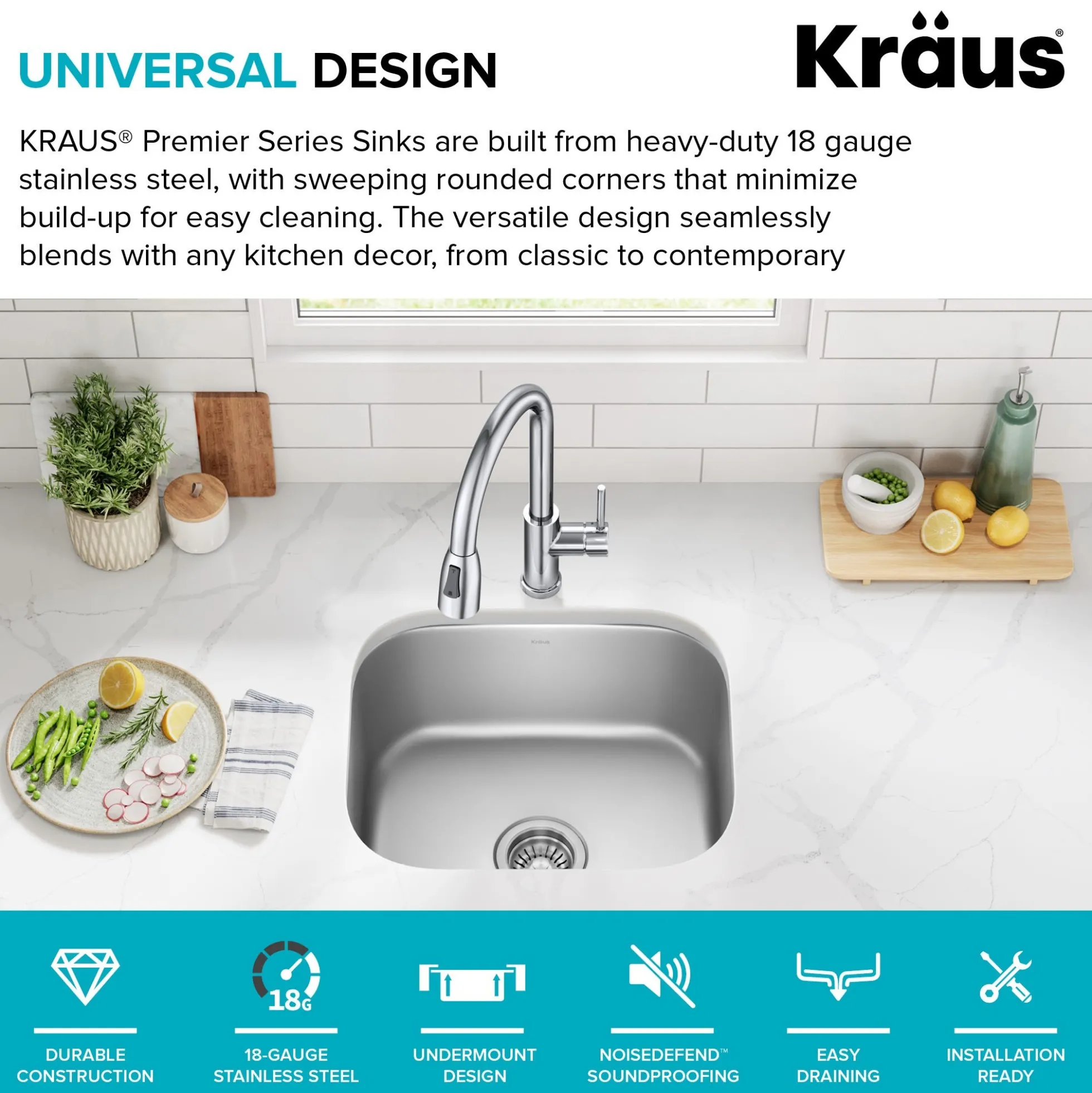 Premier 20” Undermount Single Bowl 18-Gauge Stainless Steel Kitchen Sink