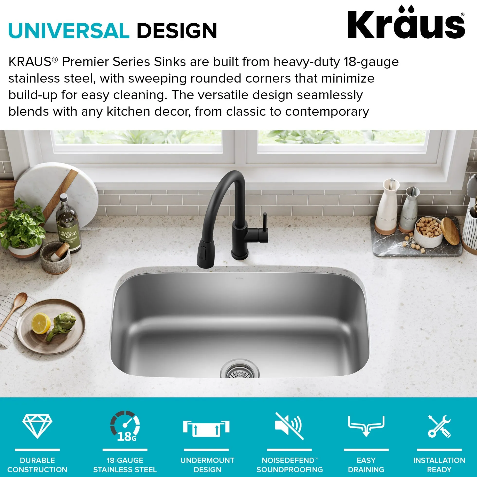 Premier 31 1/2” Undermount Single Bowl 18-Gauge Stainless Steel Kitchen Sink