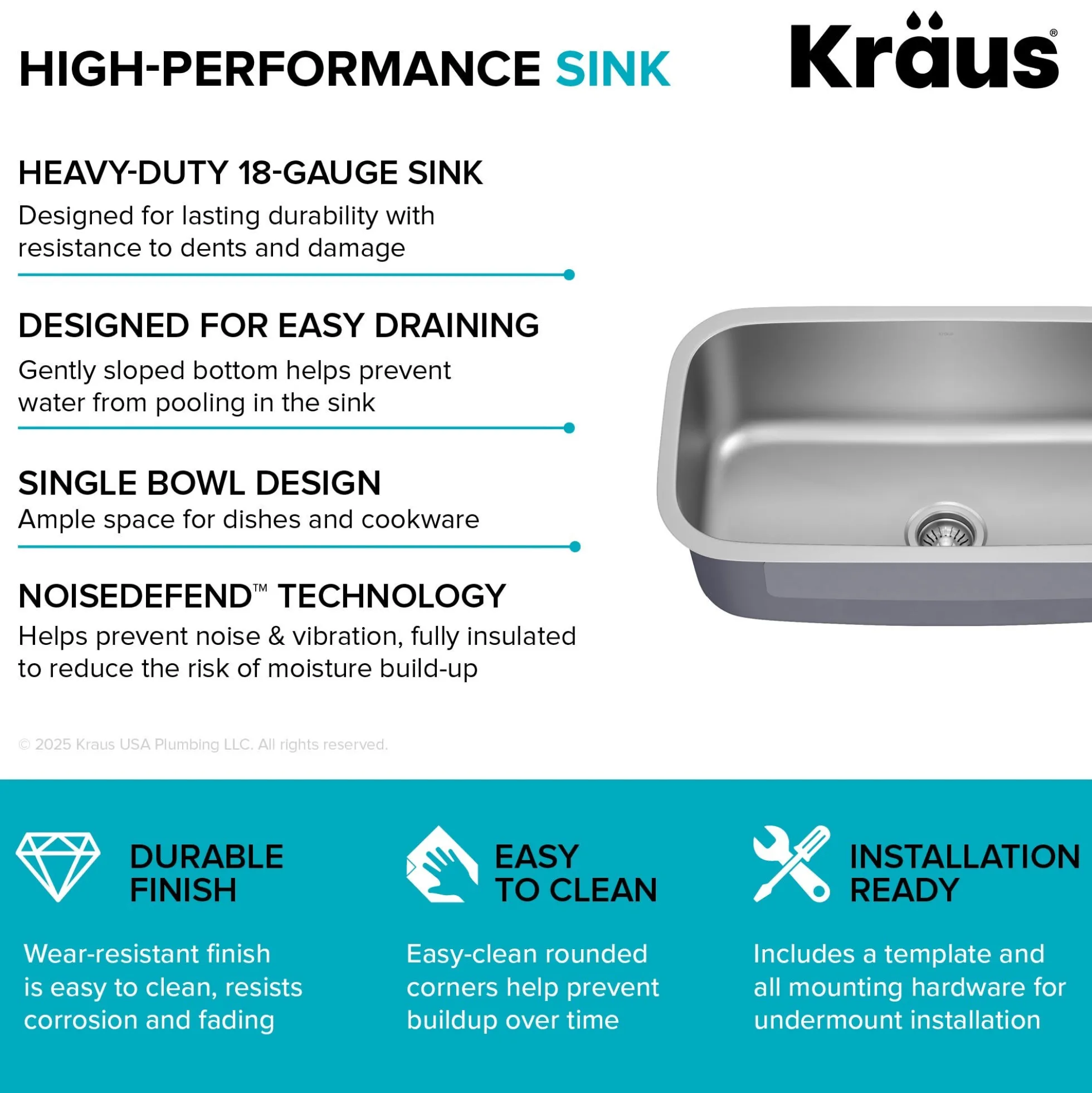 Premier 31 1/2” Undermount Single Bowl 18-Gauge Stainless Steel Kitchen Sink